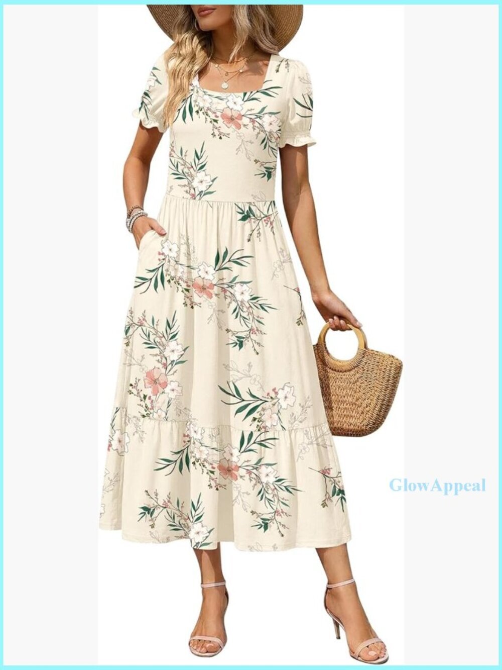 Flowy Midi Dress with Pockets, Short Sleeve Tiered Summer Casual